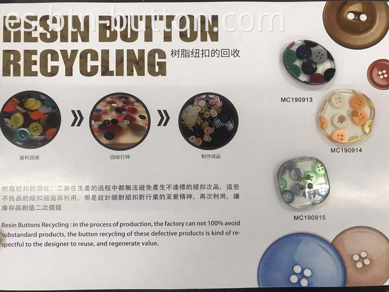 Clothing buttons made of resin fragments